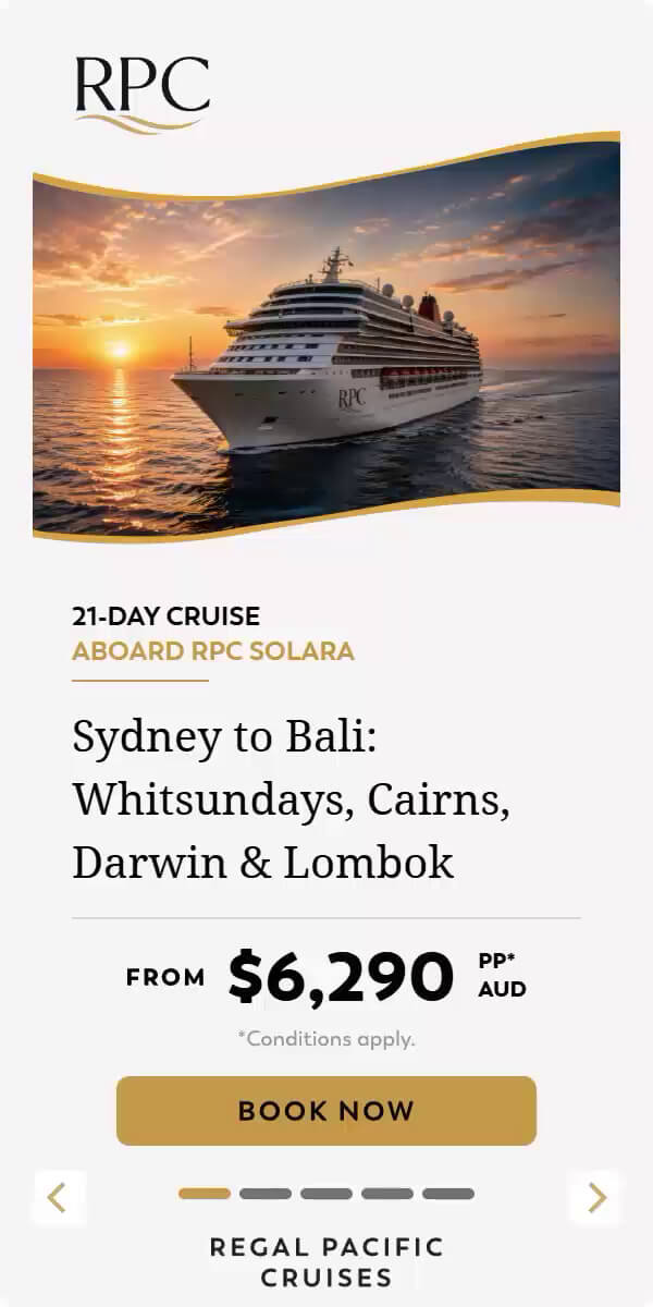 Mobile phone showing a Cruise 360 ad with a live cruise carousel highlighting destinations, sail dates, and pricing