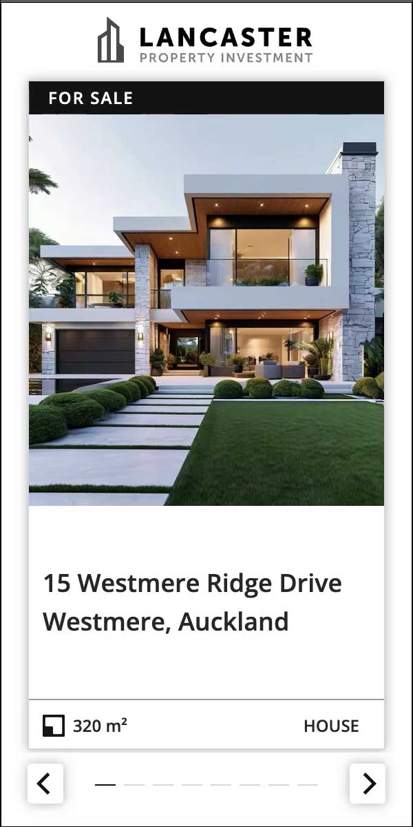 Mobile-optimized property ad showing a luxury house in Westmere, Auckland. Interactive carousel highlights key real estate details for lead generation.