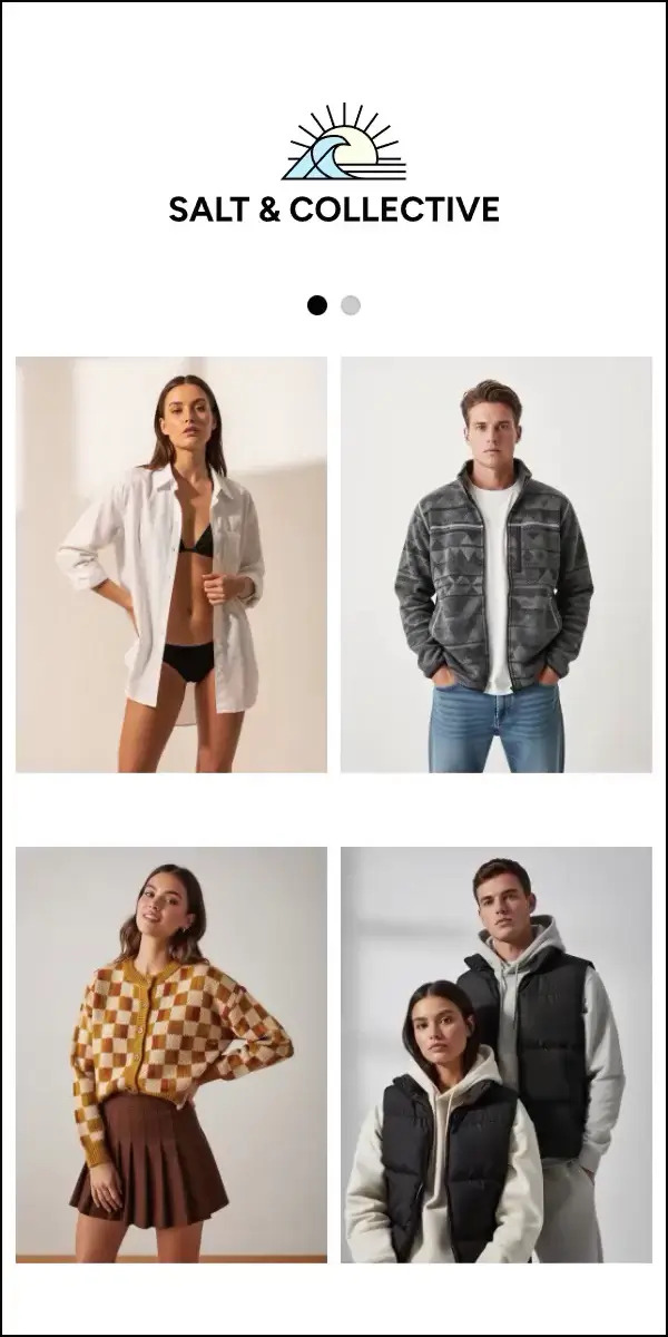 Mobile phone showing a ShopFlow 360 Runway ad with animated product cards flipping through featured items