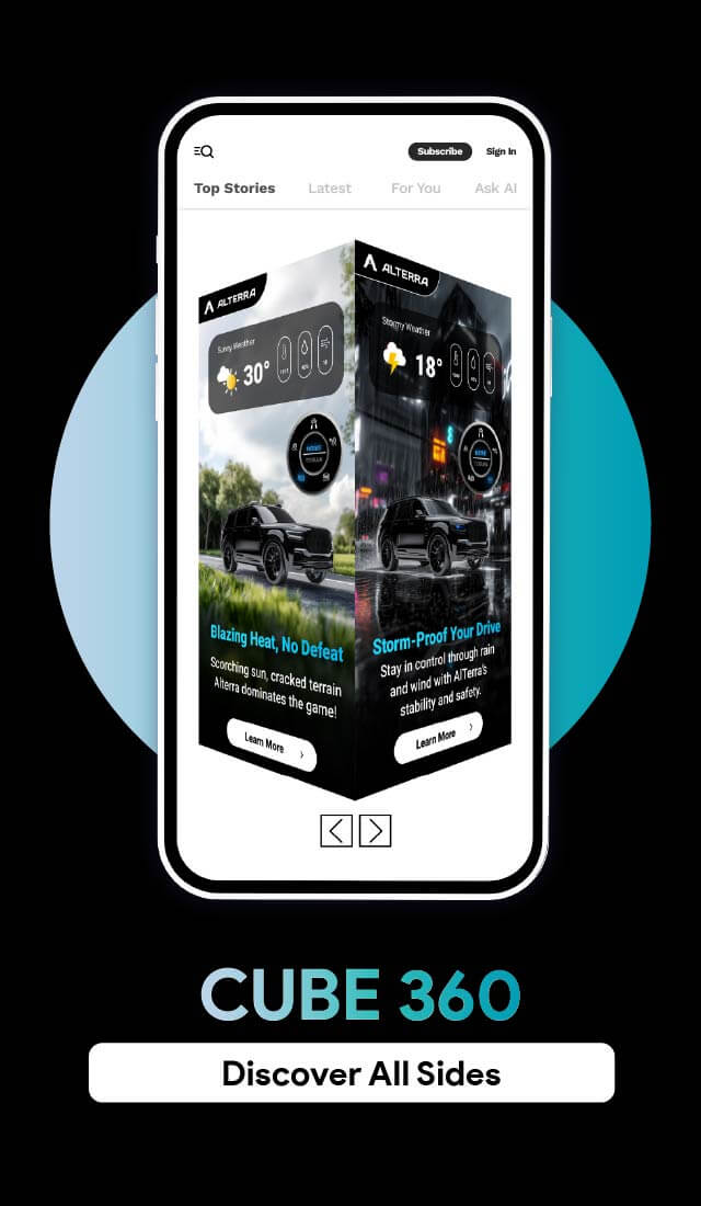 Interactive Cube360 halfpage HTML5 mobile ad in a phone mockup, showing rotating 3D cube panels with weather-based messaging.