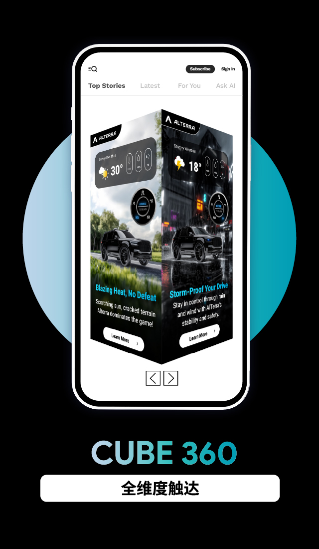 Interactive Cube360 halfpage HTML5 mobile ad in a phone mockup, showing rotating 3D cube panels with weather-based messaging.