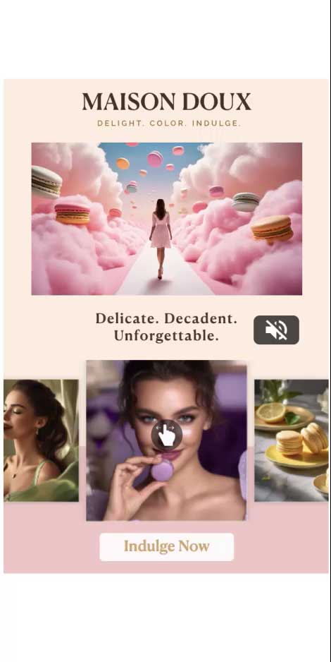 MotionStack 360 广告格式的移动模型，采用 320x480 布局，自动播放视频上方带有可滑动图像轮播