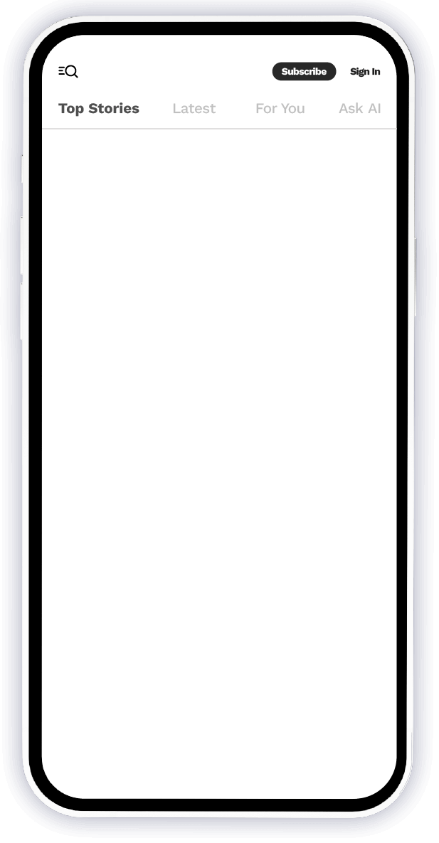 一个空白的手机屏幕，导航栏显示“头条新闻”、“最新动态”、“为您推荐”和“询问AI”，以及“订阅”和“登录”按钮.